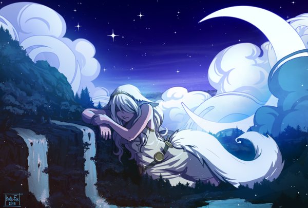 Anime picture 1023x691 with original kate-fox single long hair fringe sitting bare shoulders signed animal ears cloud (clouds) white hair tail eyes closed animal tail night sparkle night sky wolf ears crescent river