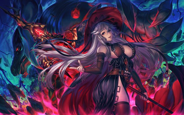 Anime picture 1920x1200 with granblue fantasy magisa (granblue fantasy) simosi single long hair looking at viewer highres breasts open mouth light erotic large breasts purple eyes grey hair fantasy girl thighhighs dress hat detached sleeves witch hat