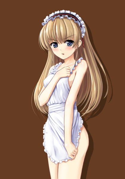 Anime picture 2392x3421 with original yumemi (kiowa) single long hair tall image looking at viewer blush highres open mouth blue eyes light erotic simple background blonde hair brown background naked apron girl headdress maid headdress