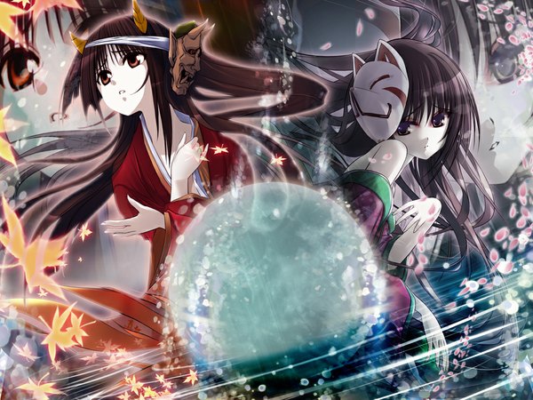 Anime picture 1024x768 with hana ta long hair black hair red eyes multiple girls japanese clothes horn (horns) girl 2 girls petals water kimono leaf (leaves) moon fox mask