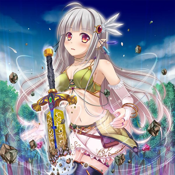Anime picture 1000x1000 with original kazumasa single long hair looking at viewer blush red eyes sky cloud (clouds) pointy ears grey hair midriff girl navel hair ornament weapon plant (plants) sword tree (trees) bracelet
