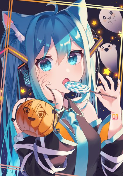 Anime picture 2100x3000 with vocaloid hatsune miku kurobikari single long hair tall image looking at viewer fringe highres open mouth blue eyes hair between eyes twintails animal ears blue hair upper body halloween framed ghost girl
