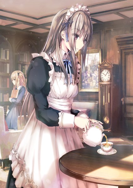 Anime picture 1488x2105 with original missle228 long hair tall image fringe blonde hair hair between eyes purple eyes multiple girls holding payot indoors long sleeves grey hair maid puffy sleeves looking down pouring girl uniform