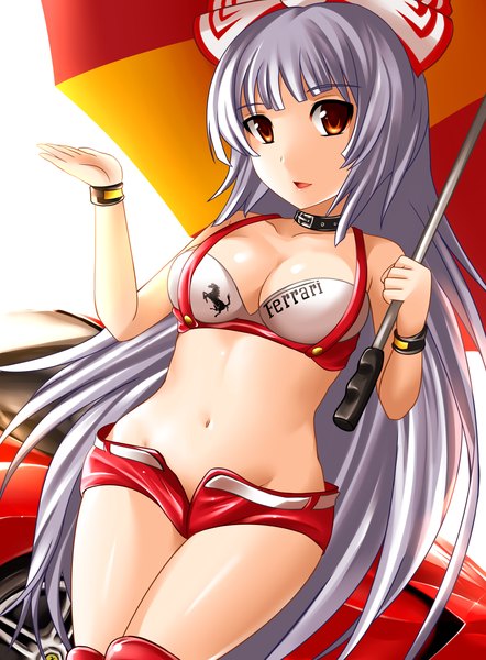 Anime picture 1400x1900 with touhou fujiwara no mokou yoshimo single long hair tall image light erotic red eyes grey hair girl navel bow hair bow shorts umbrella collar