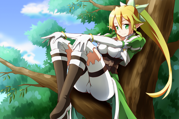 Anime picture 1200x800 with sword art online a-1 pictures leafa barokkusu (artist) single long hair blonde hair green eyes ponytail pointy ears elf girl thighhighs gloves white thighhighs elbow gloves boots bracelet
