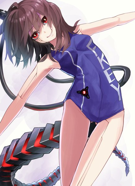 Anime picture 1213x1670 with fkey single long hair tall image looking at viewer smile red eyes brown hair bare shoulders tail spread arms mechanical parts girl swimsuit wire (wires) cyborg