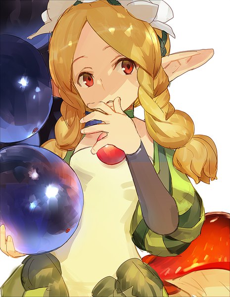 Anime picture 800x1032 with odin sphere vanillaware mercedes (odin sphere) kawaguchi (mojacome) single long hair tall image blonde hair red eyes white background upper body braid (braids) pointy ears twin braids shaded face hand to mouth girl food berry (berries) grapes