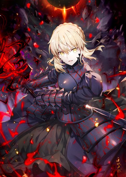 Anime picture 713x1000 with fate (series) fate/grand order artoria pendragon (all) saber alter gabiran single tall image looking at viewer fringe short hair open mouth blonde hair hair between eyes standing holding yellow eyes payot braid (braids) wind puffy sleeves