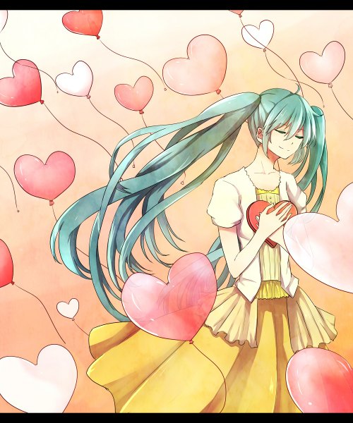 Anime picture 1000x1200 with vocaloid hatsune miku ringomaru single tall image smile twintails ahoge eyes closed very long hair wind aqua hair valentine girl heart balloon