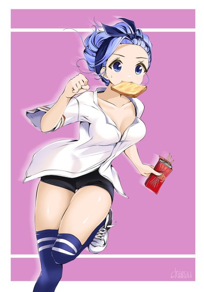 Anime picture 1188x1700 with original minah (chaesu) chaesu single tall image looking at viewer short hair breasts blue eyes light erotic simple background signed blue hair border pink background open collar outside border running leg up toast in mouth