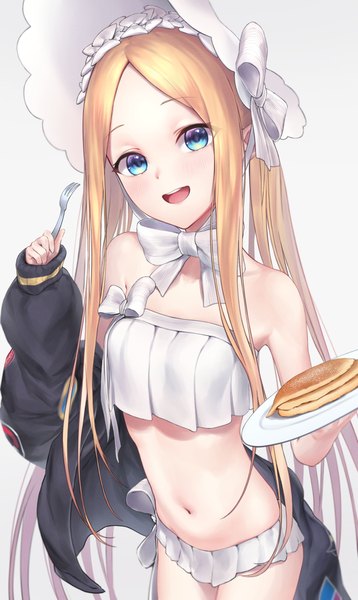 Anime picture 1673x2806 with fate (series) fate/grand order abigail williams (fate) abigail williams (swimsuit foreigner) (fate) monegi single long hair tall image looking at viewer open mouth blue eyes light erotic simple background blonde hair standing twintails :d girl navel swimsuit