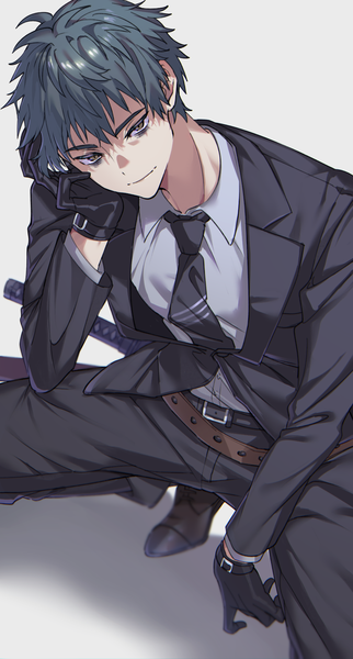 Anime picture 932x1734 with fate (series) fate/grand order saitou hajime (fate) tuze111 single tall image fringe short hair simple background hair between eyes grey background squat head rest dark hair boy gloves black gloves necktie suit