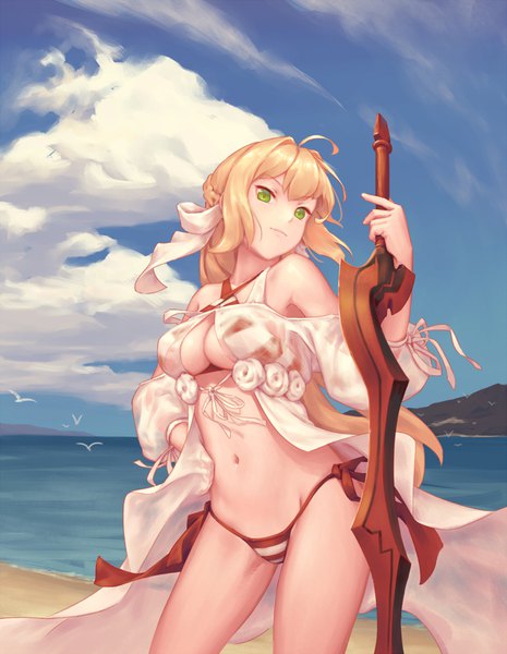 Anime picture 1240x1600 with fate (series) fate/grand order nero claudius (fate) (all) nero claudius (swimsuit caster) (fate) bigrbear single long hair tall image looking at viewer fringe breasts light erotic blonde hair standing bare shoulders holding green eyes sky cloud (clouds) ahoge