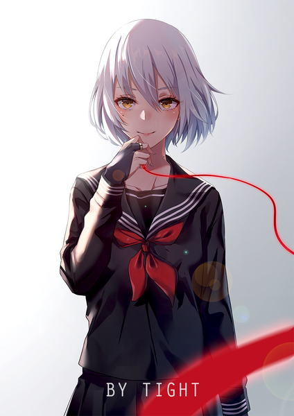 Anime picture 852x1205 with original tight (ohmygod) single tall image looking at viewer blush fringe short hair simple background smile hair between eyes standing signed silver hair long sleeves pleated skirt fingernails blurry grey background mole