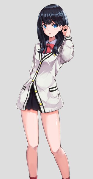 Anime picture 954x1830 with gridman universe ssss.gridman studio trigger takarada rikka kuroganeruto single long hair tall image looking at viewer blush fringe open mouth blue eyes black hair simple background standing pleated skirt grey background :o arm behind back