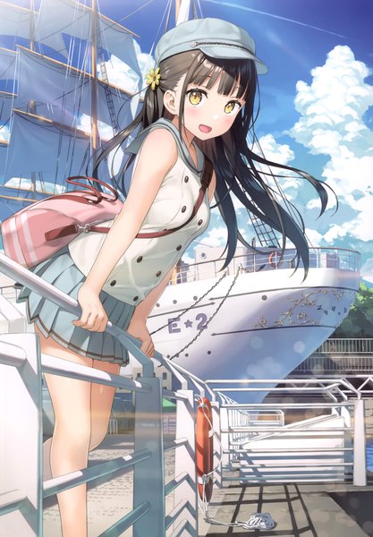 Anime picture 3208x4619 with original nagisa (kantoku) kantoku single long hair tall image looking at viewer blush fringe highres open mouth brown hair standing yellow eyes absurdres sky cloud (clouds) outdoors blunt bangs :d