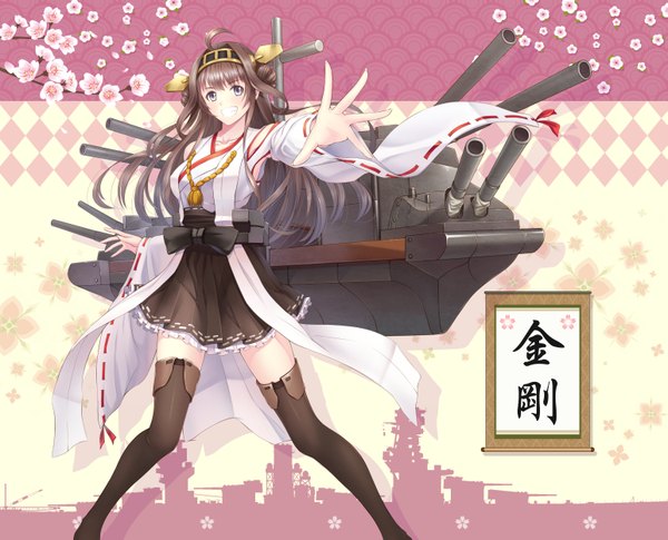 Anime picture 3085x2497 with kantai collection kongou battleship ltt challenger single long hair looking at viewer highres blue eyes smile brown hair absurdres ahoge nontraditional miko girl thighhighs skirt hair ornament flower (flowers) weapon black thighhighs
