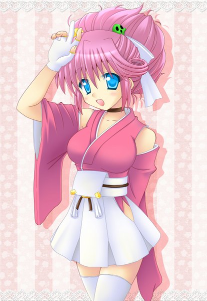 Anime picture 1218x1763 with rance (series) sengoku rance sill plain hinata mirun (artist) single tall image short hair open mouth blue eyes pink hair girl gloves detached sleeves fingerless gloves
