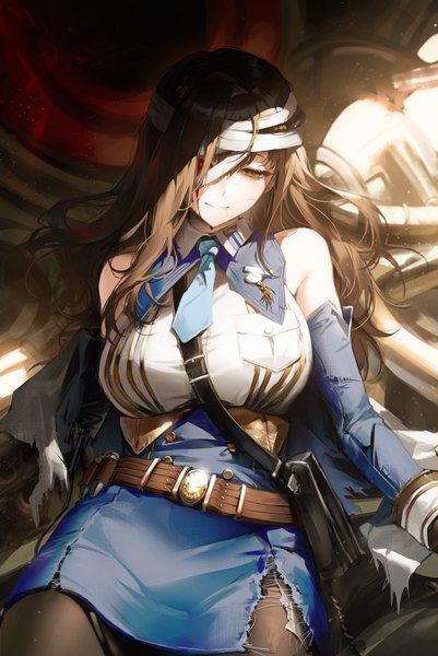 Anime picture 2483x3713 with goddess of victory: nikke marian (nikke) sowb single long hair tall image looking at viewer fringe highres breasts black hair large breasts bare shoulders light smile black eyes torn clothes blood on face bandaid on face girl detached sleeves