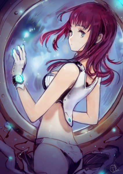 Anime picture 2480x3508 with original okuto single long hair tall image looking at viewer fringe highres breasts blue eyes light erotic standing signed red hair blunt bangs looking back girl gloves white gloves crop top