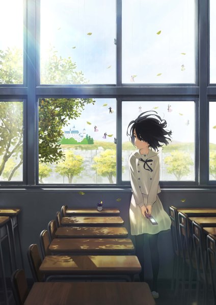 Anime picture 2973x4208 with kokoro ga sakebitagatterunda. a-1 pictures naruse jun tanaka masayoshi single tall image fringe highres short hair black hair standing holding looking away sky indoors sunlight girl plant (plants) pantyhose tree (trees)