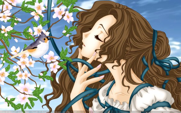 Anime picture 2560x1600 with code geass sunrise (studio) nunnally lamperouge cilou (artist) long hair highres brown hair wide image eyes closed nail polish cherry blossoms girl ribbon (ribbons) animal bird (birds)