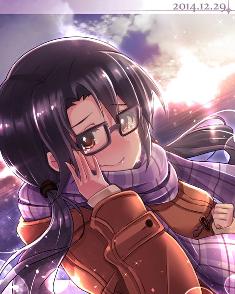 Anime picture 765x956 with idolmaster takayama sayoko ima (lm ew) single long hair tall image black hair red eyes twintails sky cloud (clouds) sunlight tears dated girl glasses scarf winter clothes