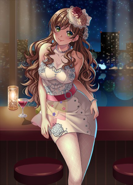 Anime picture 1000x1390 with bang dream! imai lisa kenkou toshikou single long hair tall image looking at viewer blush fringe breasts light erotic smile hair between eyes brown hair large breasts standing bare shoulders green eyes cleavage indoors