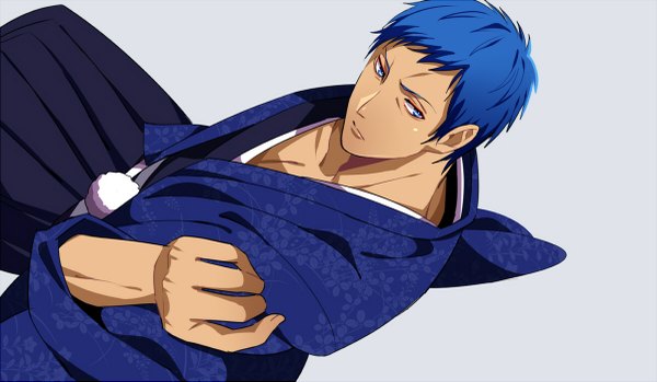 Anime picture 1200x699 with kuroko no basket production i.g aomine daiki yuna (rutera) single short hair blue eyes simple background wide image blue hair traditional clothes japanese clothes from above grey background dark skin eyeshadow boy