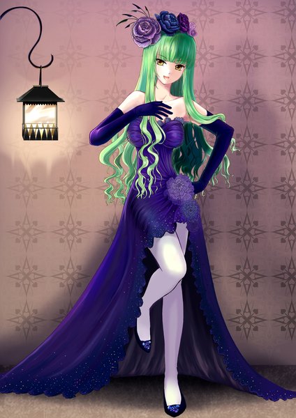 Anime picture 1500x2122 with code geass sunrise (studio) c.c. clotho (clotho ls) single long hair tall image standing bare shoulders yellow eyes full body hair flower green hair hand on hip hand on chest standing on one leg girl dress gloves hair ornament