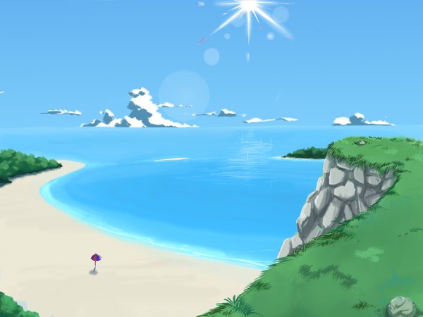 Anime picture 1600x1200 with original sasaki112 cloud (clouds) beach no people landscape plant (plants) sea grass sun