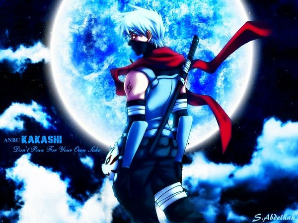Anime picture 1024x768 with naruto studio pierrot naruto (series) hatake kakashi single short hair red eyes standing sky silver hair cloud (clouds) profile looking back wind night tattoo night sky character names back scar