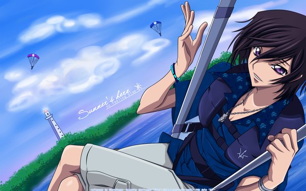 Anime picture 1920x1200 with code geass sunrise (studio) lelouch lamperouge looking at viewer highres short hair black hair wide image purple eyes sky cloud (clouds) flying boy shirt shorts lighthouse