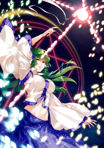 Anime picture 919x1300 with touhou kochiya sanae hug (yourhug) single long hair tall image fringe breasts simple background hair between eyes standing holding yellow eyes arm up green hair wide sleeves from below midriff floating hair magic