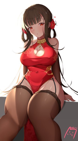 Anime-Bild 1500x2700 mit girls frontline dsr-50 (girls frontline) dsr-50 (red peony) (girls' frontline) lomocya romocha (hosachi3784) single long hair tall image looking at viewer blush fringe breasts light erotic simple background red eyes brown hair large breasts sitting twintails signed