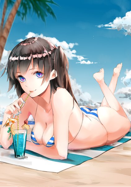 Anime picture 1080x1535 with original zombcx single long hair tall image looking at viewer breasts blue eyes light erotic black hair sky cleavage cloud (clouds) full body ass lying nail polish beach crossed legs on stomach