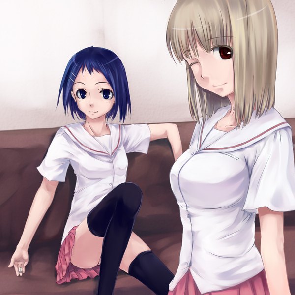 Anime picture 1500x1500 with saki fukuji mihoko ikeda kana shacchi short hair blue eyes blonde hair red eyes multiple girls blue hair one eye closed wink girl thighhighs uniform black thighhighs 2 girls school uniform couch