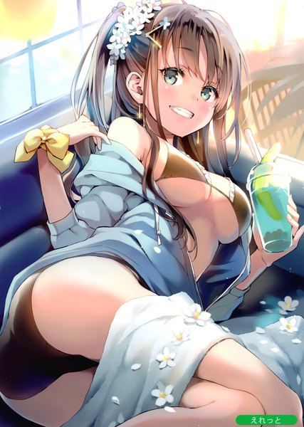 Anime picture 2105x2958 with melonbooks eretto single long hair tall image looking at viewer blush fringe highres breasts blue eyes light erotic smile brown hair holding signed ass lying blunt bangs hair flower