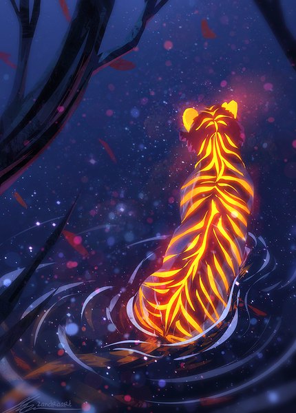 Anime picture 640x892 with original zandraart tall image signed from above night partially submerged no people glow ripples animal water branch tiger