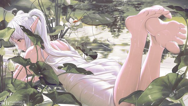 Anime picture 1920x1081 with sousou no frieren frieren yuxing yuhang single long hair fringe highres light erotic wide image twintails green eyes signed outdoors white hair lying barefoot pointy ears looking down soles elf