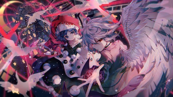 Anime picture 1422x800 with touhou kishin sagume doremy sweet yasato fringe short hair blue eyes hair between eyes red eyes wide image multiple girls blue hair silver hair outstretched hand crescent single wing girl 2 girls hat wings