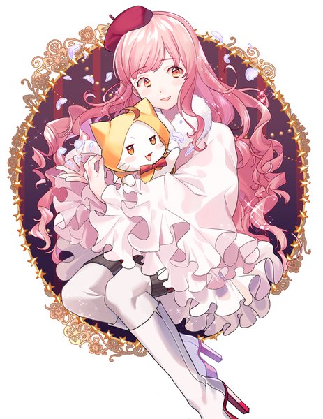 Anime picture 1700x2200 with miracle nikki nikki (miracle nikki) momo (miracle nikki) mihatarou single long hair tall image looking at viewer blush fringe open mouth white background sitting pink hair sparkle orange eyes high heels fur trim drill hair girl