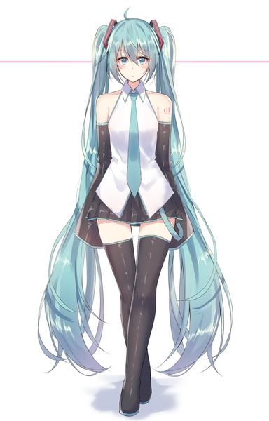 Anime picture 800x1250 with vocaloid hatsune miku akira (been0328) single tall image looking at viewer blush fringe breasts simple background hair between eyes standing white background twintails bare shoulders full body ahoge long sleeves very long hair pleated skirt