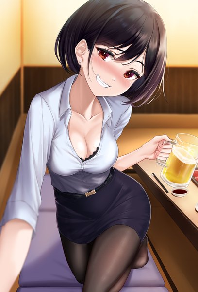 Anime picture 2450x3600 with original rama (yu-light8) single tall image looking at viewer blush highres short hair breasts light erotic black hair smile red eyes holding cleavage teeth grin kneeling piercing ear piercing