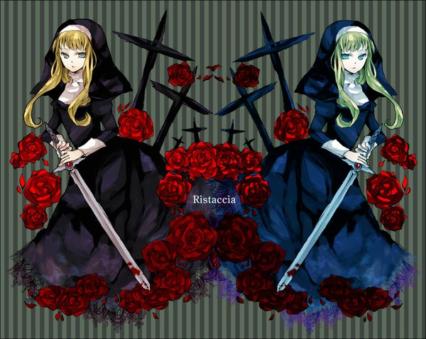 Anime picture 1000x798 with beatmania hannes farrugia buzz long hair blue eyes blonde hair striped dual persona striped background nun girl flower (flowers) sword rose (roses) cross red rose