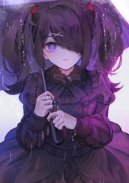 Anime picture 1748x2480 with needy girl overdose ame-chan (needy girl overdose) wny (wnys art) single long hair tall image looking at viewer fringe highres black hair simple background white background purple eyes twintails holding payot long sleeves hair over one eye puffy sleeves rain