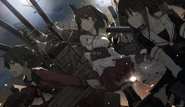 Anime picture 1860x1080 with kantai collection shigure destroyer yamashiro battleship mogami heavy cruiser orda long hair highres short hair open mouth red eyes brown hair wide image multiple girls looking away ponytail traditional clothes japanese clothes inscription grey eyes torn clothes