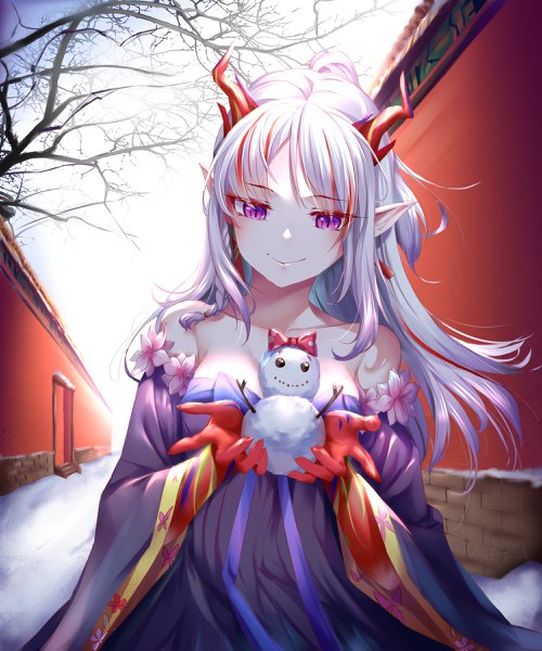 Anime picture 2000x2400 with arknights nian (arknights) amaroku neko single long hair tall image highres smile standing purple eyes cleavage silver hair outdoors multicolored hair horn (horns) pointy ears streaked hair looking down snow half updo