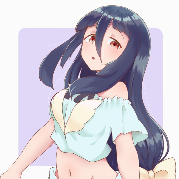 Anime picture 1900x1900 with zombie land saga mappa yamada tae wwwwwwweed single long hair looking at viewer fringe highres black hair simple background hair between eyes red eyes upper body midriff low ponytail girl
