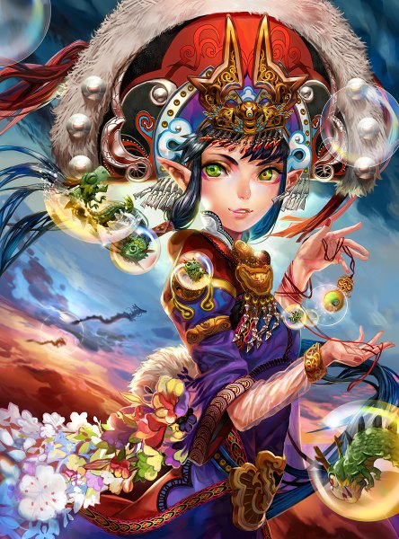 Anime picture 888x1200 with original b.c.n.y. (bcnyart) single tall image short hair black hair smile green eyes sky cloud (clouds) traditional clothes lips pointy ears evening sunset fantasy girl flower (flowers) jewelry dragon